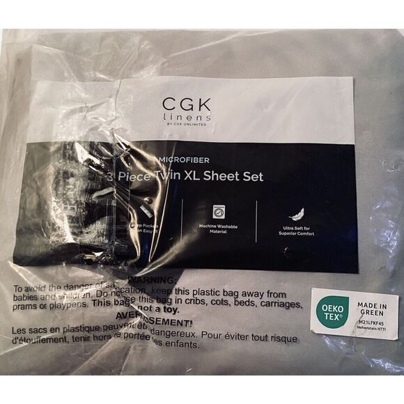 CGK Linens 3 Piece Twin XL Sheet Set Gray Microfiber Deep Pockets - Picture 3 of 3